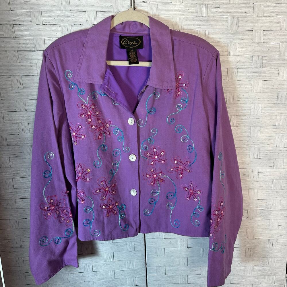Alex Kim women's‎ jacket embroidered purple bohemian art to wear plus size